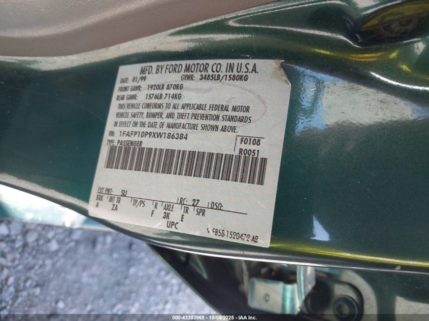 1999 Ford Escort Lx VIN: 1FAFP10P9XW186384 Lot: 43383968