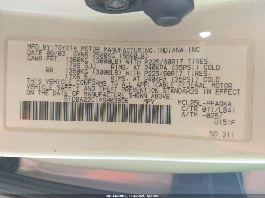 2004 Toyota Sienna Xle Limited VIN: 5TDBA22C14S003856 Lot: 43383970