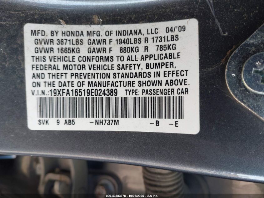 2009 Honda Civic Lx VIN: 19XFA16519E024389 Lot: 43383978
