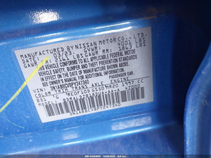 2023 Nissan Sentra Sv Xtronic Cvt VIN: 3N1AB8CV8PY247340 Lot: 43384000