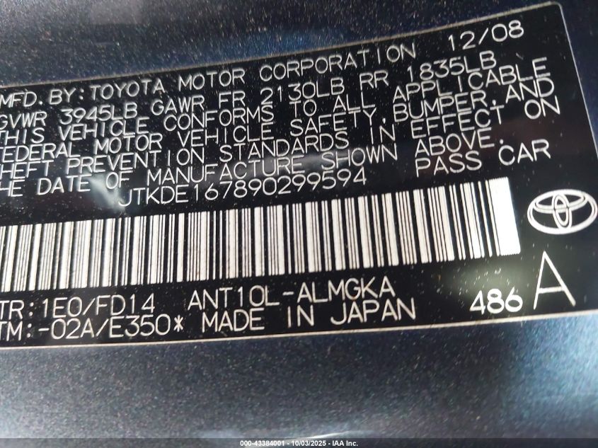 2009 Scion Tc VIN: JTKDE167890299594 Lot: 43384001