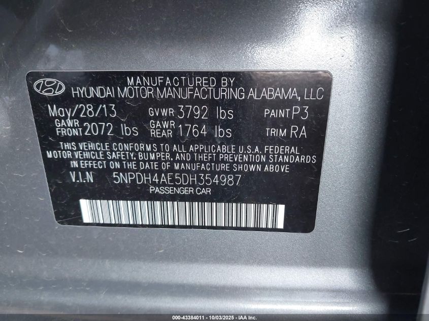 2013 Hyundai Elantra Gls VIN: 5NPDH4AE5DH354987 Lot: 43384011