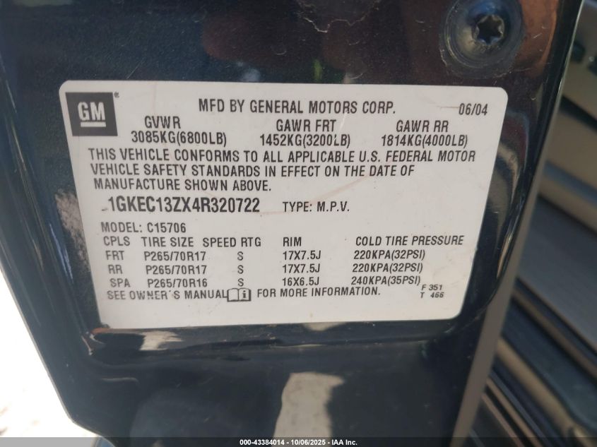 2004 GMC Yukon Slt VIN: 1GKEC13ZX4R320722 Lot: 43384014