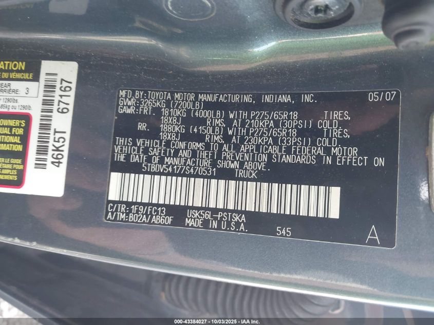 2007 Toyota Tundra Sr5 5.7L V8 VIN: 5TBDV54177S470531 Lot: 43384027