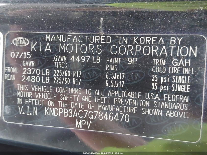 2016 Kia Sportage Lx VIN: KNDPB3AC7G7846470 Lot: 43384036