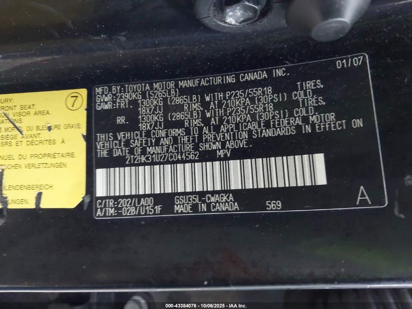 2007 Lexus Rx 350 VIN: 2T2HK31U27C044562 Lot: 43384076