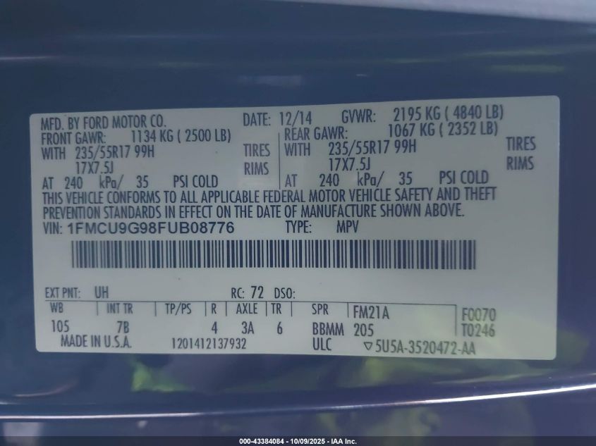 2015 Ford Escape Se VIN: 1FMCU9G98FUB08776 Lot: 43384084