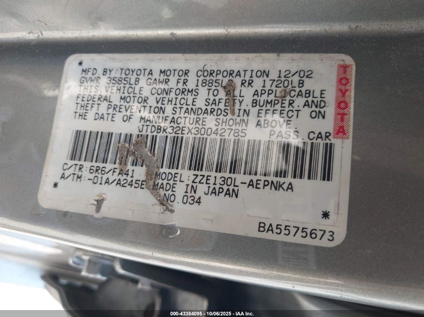 2003 Toyota Corolla Le VIN: JTDBR32EX30042785 Lot: 43384095