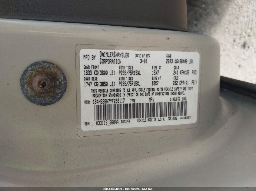 2000 Dodge Durango VIN: 1B4HS28N7YF256117 Lot: 43384099