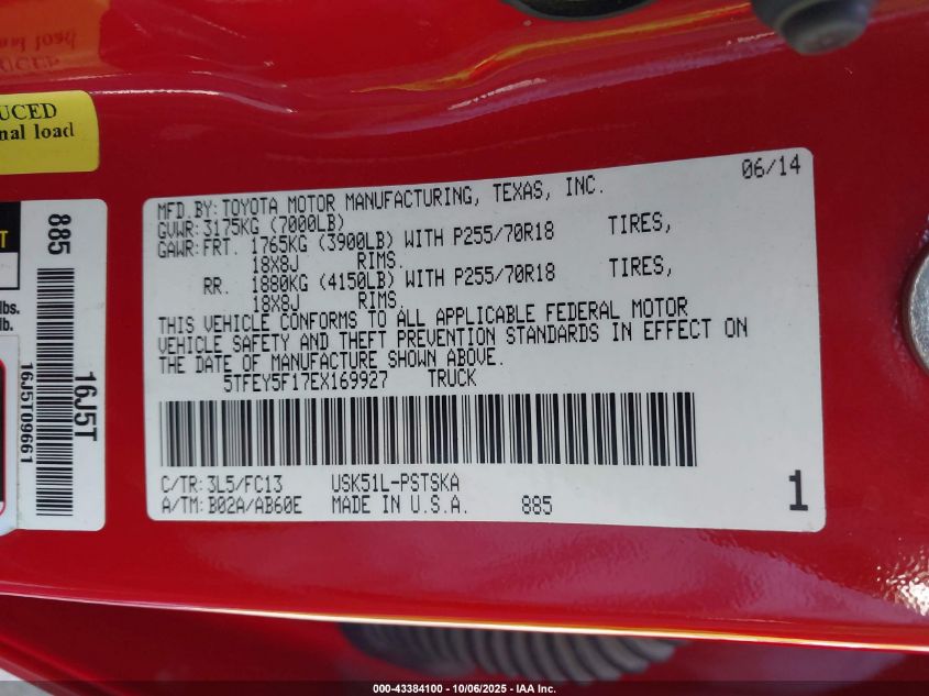2014 Toyota Tundra Sr5 5.7L V8 VIN: 5TFEY5F17EX169927 Lot: 43384100
