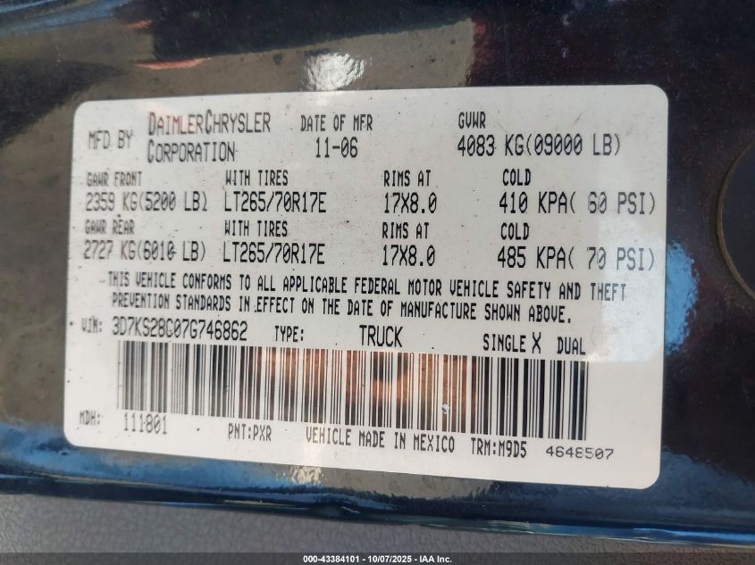2007 Dodge Ram 2500 Slt/Sport VIN: 3D7KS28C07G746862 Lot: 43384101