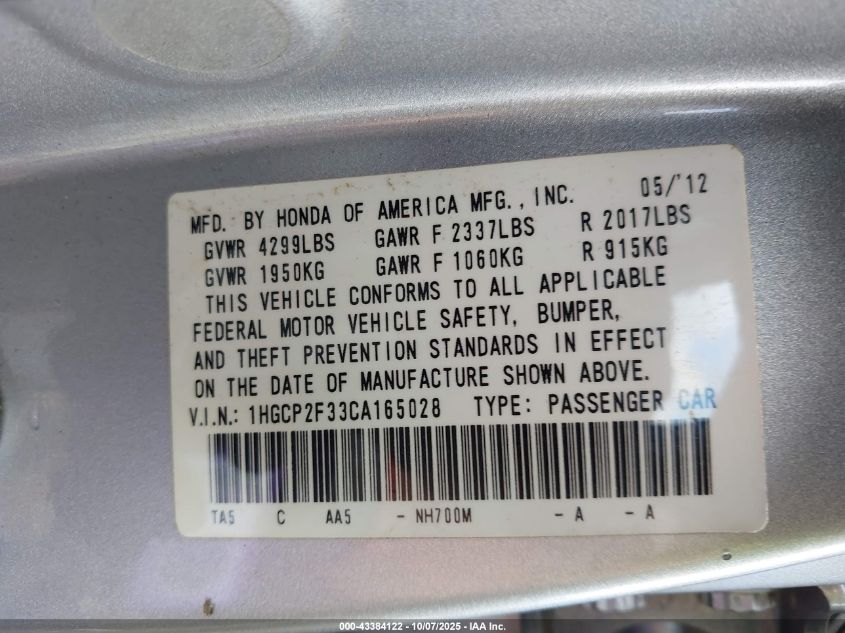 2012 Honda Accord 2.4 Lx VIN: 1HGCP2F33CA165028 Lot: 43384122