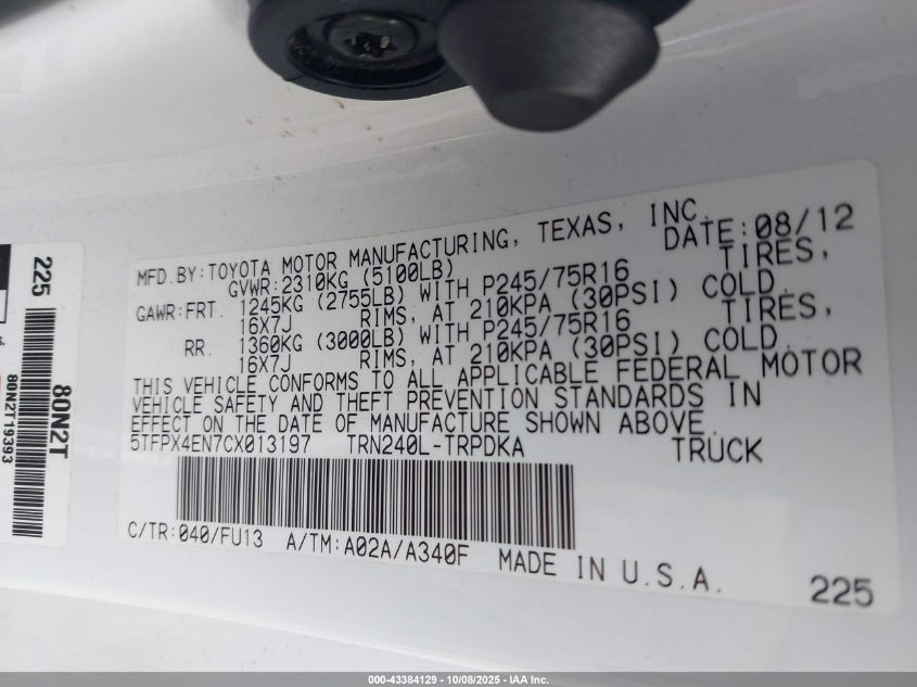 2012 Toyota Tacoma VIN: 5TFPX4EN7CX013197 Lot: 43384129