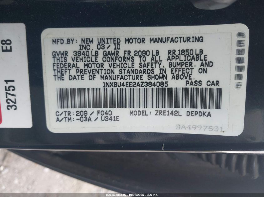 2010 Toyota Corolla Le VIN: 1NXBU4EE2AZ384085 Lot: 43384135