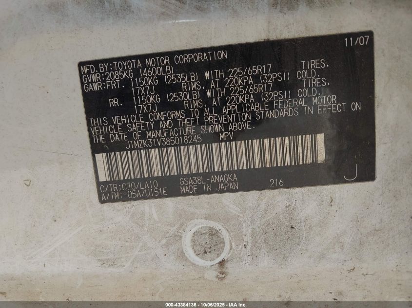 2008 Toyota Rav4 Limited V6 VIN: JTMZK31V385018245 Lot: 43384136