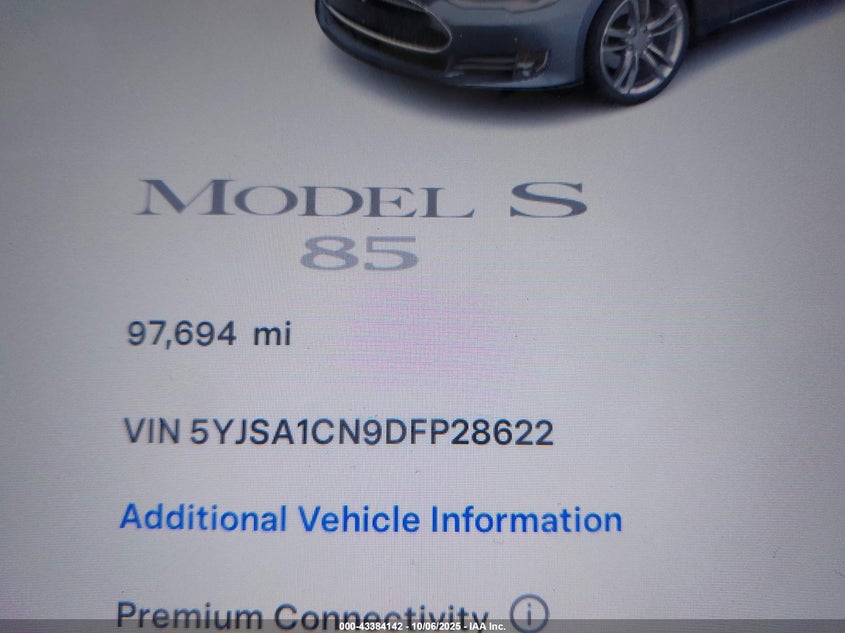 2013 Tesla Model S VIN: 5YJSA1CN9DFP28622 Lot: 43384142