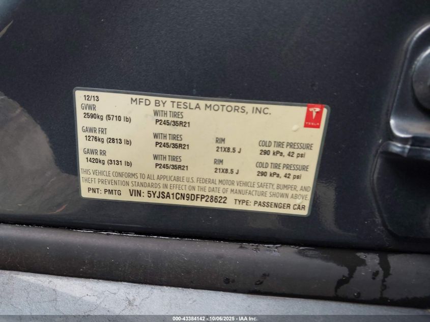 2013 Tesla Model S VIN: 5YJSA1CN9DFP28622 Lot: 43384142