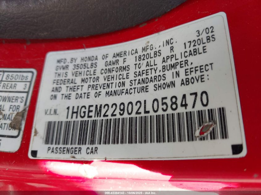2002 Honda Civic Ex VIN: 1HGEM22902L058470 Lot: 43384143