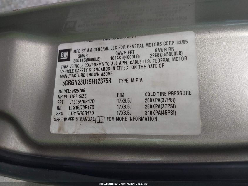 2005 Hummer H2 Suv VIN: 5GRGN23U15H123758 Lot: 43384146