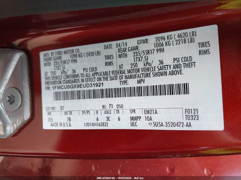 2014 Ford Escape Se VIN: 1FMCU0GX9EUD31921 Lot: 43384149