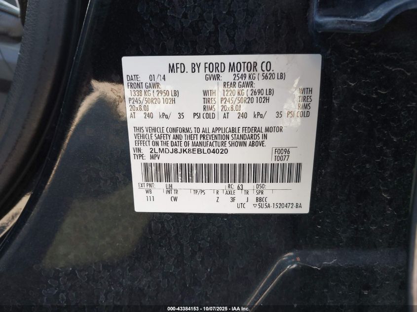 2014 Lincoln Mkx VIN: 2LMDJ8JK8EBL04020 Lot: 43384153