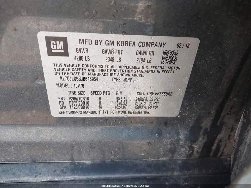 2018 Chevrolet Trax Lt VIN: KL7CJLSB3JB646954 Lot: 43384154