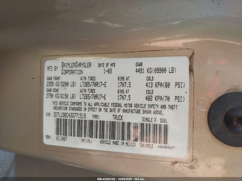 2003 Dodge Ram 3500 Slt/Laramie/St VIN: 3D7LU38C43G771519 Lot: 43384162