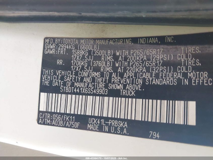 2006 Toyota Tundra Sr5 V8 VIN: 5TBDT441X6S549903 Lot: 43384170