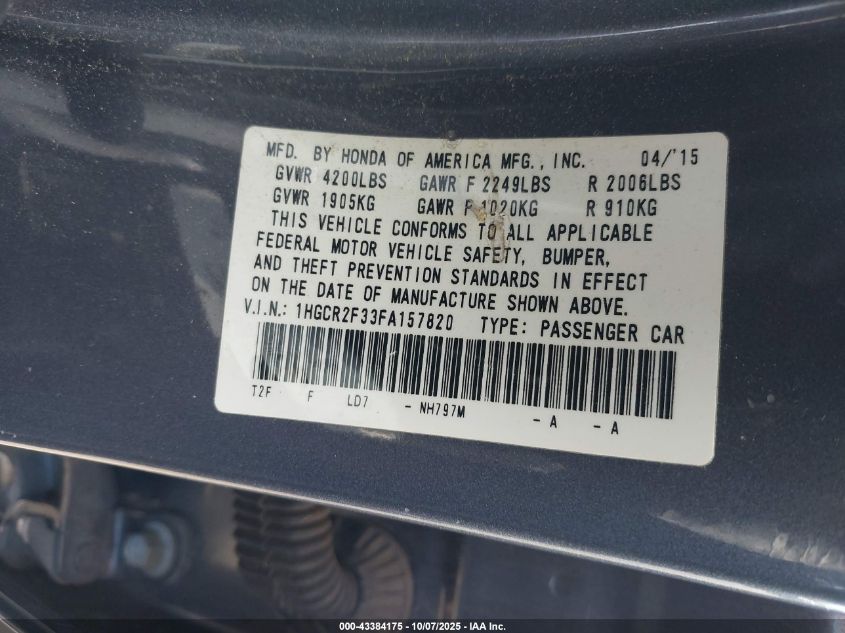 2015 Honda Accord Lx VIN: 1HGCR2F33FA157820 Lot: 43384175