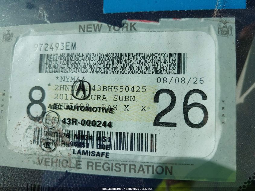 2011 Acura Mdx Technology Package VIN: 2HNYD2H43BH550425 Lot: 43384190