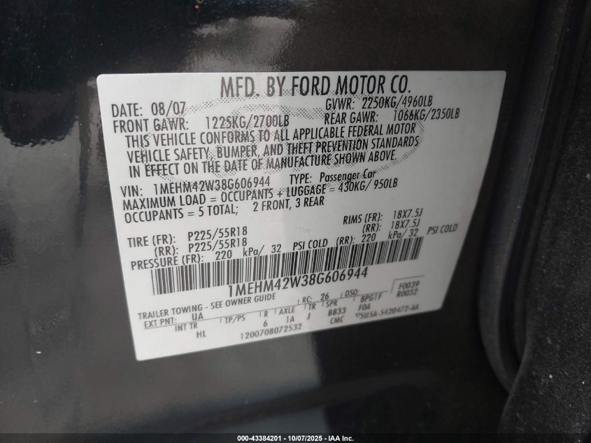 2008 Mercury Sable Premier VIN: 1MEHM42W38G606944 Lot: 43384201