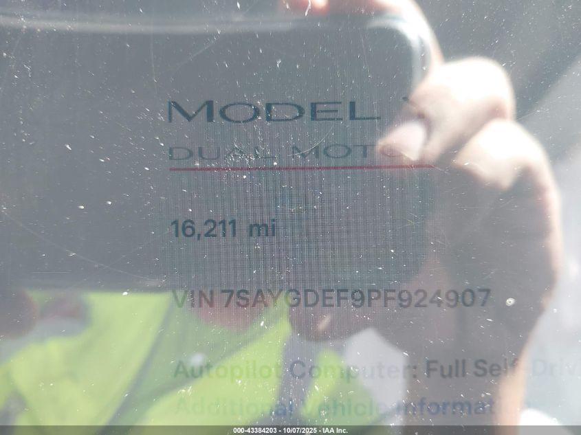 2023 Tesla Model Y Performance Dual Motor All-Wheel Drive VIN: 7SAYGDEF9PF924907 Lot: 43384203