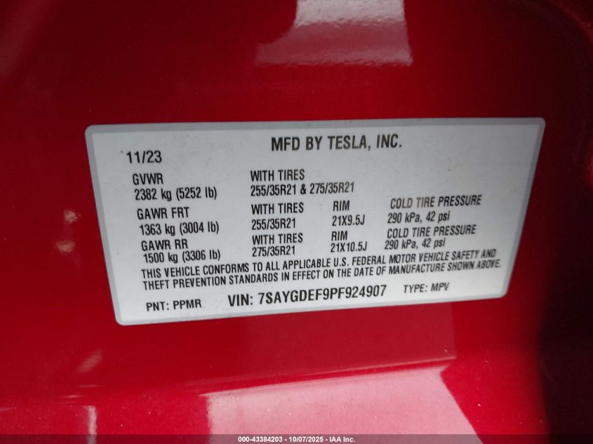 2023 Tesla Model Y Performance Dual Motor All-Wheel Drive VIN: 7SAYGDEF9PF924907 Lot: 43384203