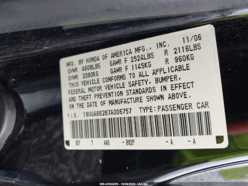 2007 Acura Tl 3.2 VIN: 19UUA66287A006757 Lot: 43384205