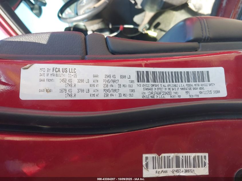 2015 Jeep Grand Cherokee Laredo VIN: 1C4RJFAG0FC234293 Lot: 43384207