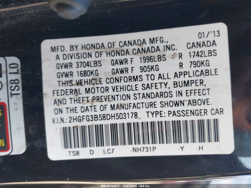 2013 Honda Civic Lx VIN: 2HGFG3B58DH503178 Lot: 43384211