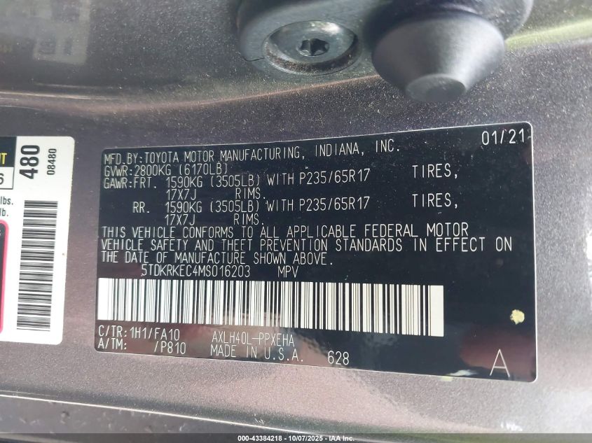 2021 Toyota Sienna Le VIN: 5TDKRKEC4MS016203 Lot: 43384218