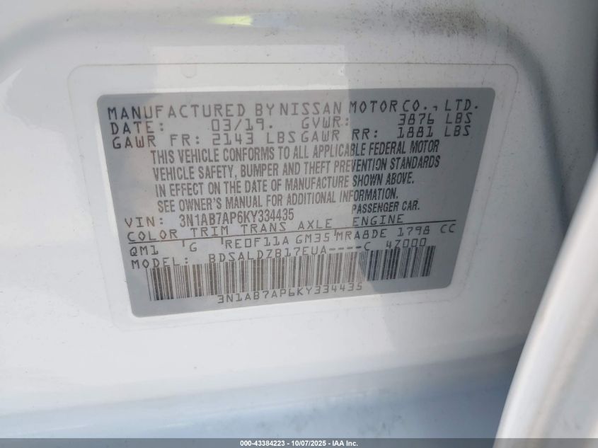 2019 Nissan Sentra Sv VIN: 3N1AB7AP6KY334435 Lot: 43384223