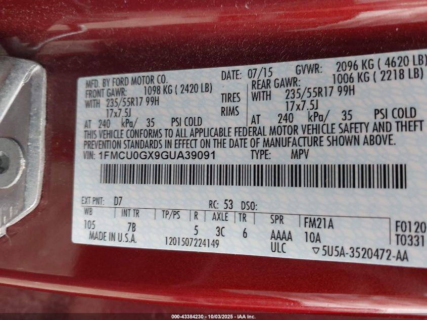 2016 Ford Escape Se VIN: 1FMCU0GX9GUA39091 Lot: 43384230