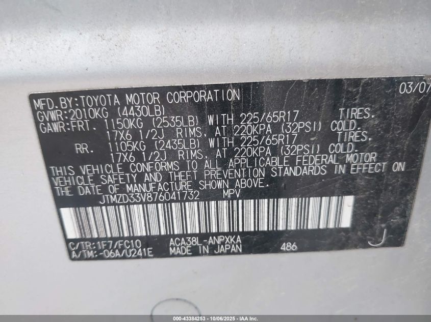 2007 Toyota Rav4 VIN: JTMZD33V876041732 Lot: 43384253