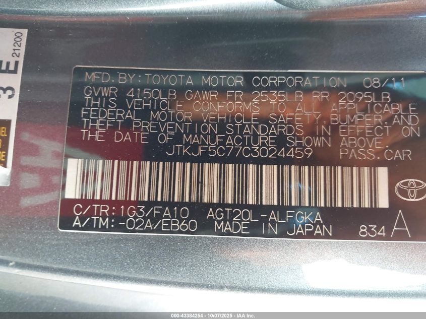 2012 Scion Tc VIN: JTKJF5C77C3024459 Lot: 43384254