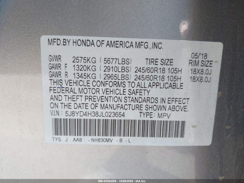 2018 Acura Mdx VIN: 5J8YD4H38JL023654 Lot: 43384255