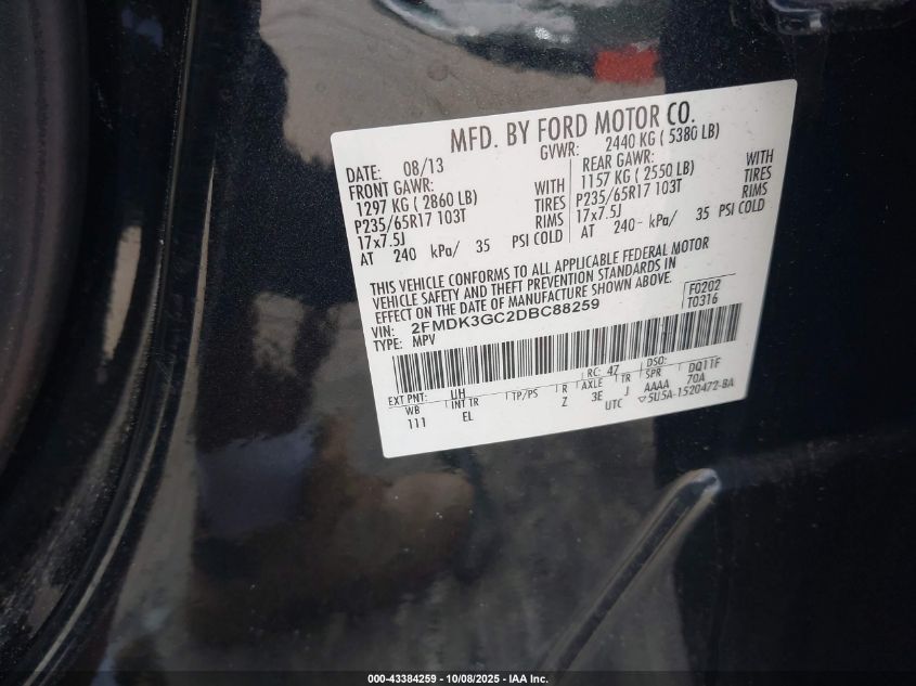 2013 Ford Edge Se VIN: 2FMDK3GC2DBC88259 Lot: 43384259