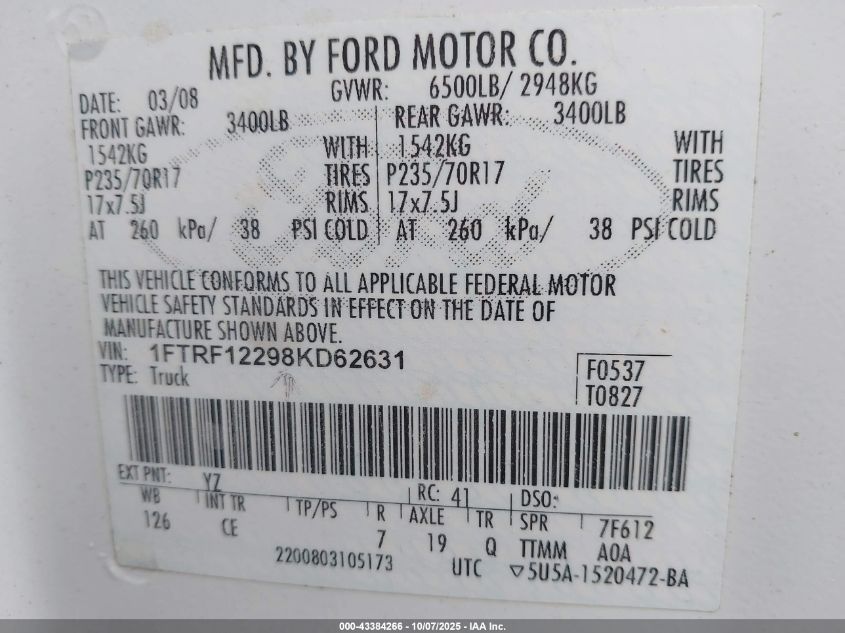 2008 Ford F-150 Stx/Xl/Xlt VIN: 1FTRF12298KD62631 Lot: 43384266