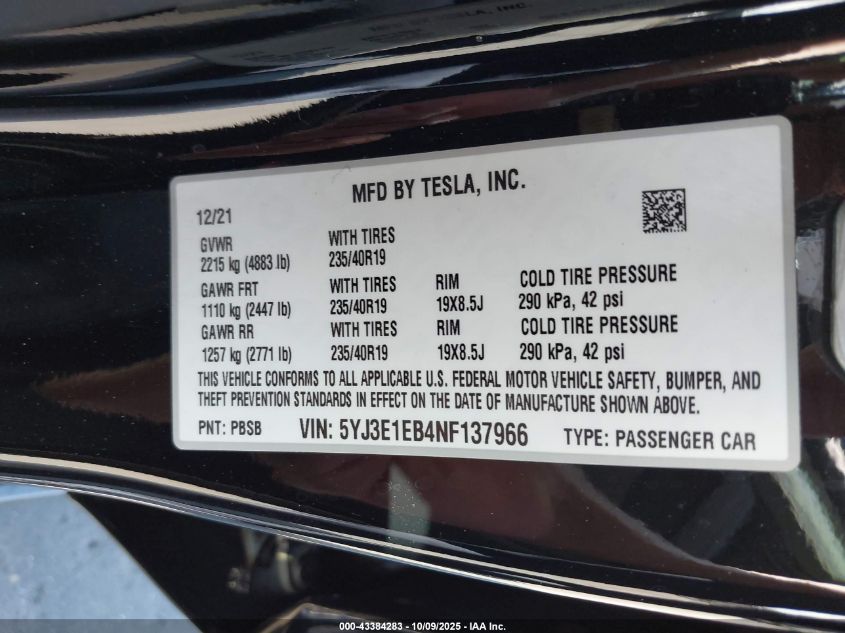 2022 Tesla Model 3 Long Range Dual Motor All-Wheel Drive VIN: 5YJ3E1EB4NF137966 Lot: 43384283