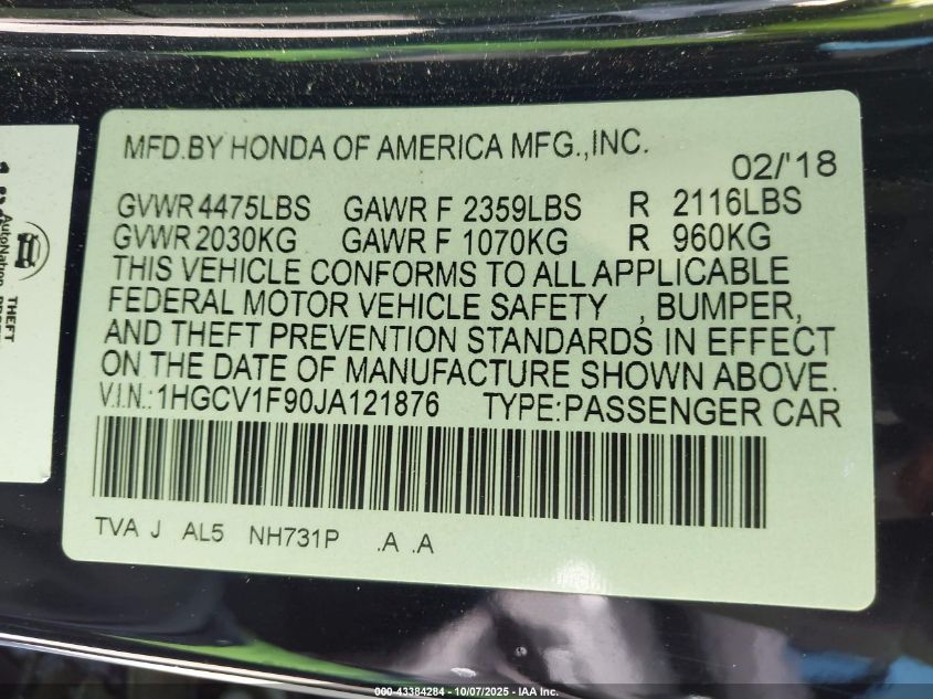 2018 Honda Accord Touring VIN: 1HGCV1F90JA121876 Lot: 43384284