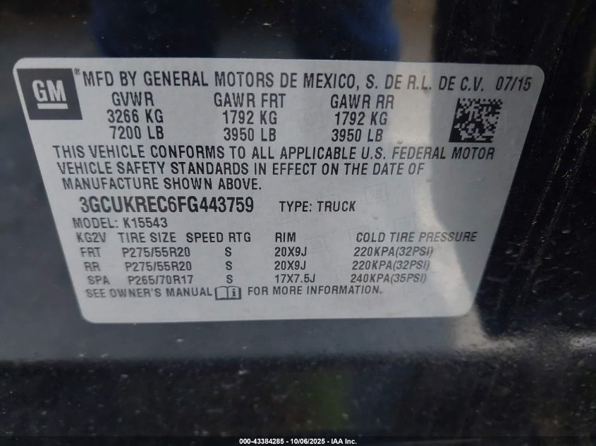 2015 Chevrolet Silverado 1500 1Lt VIN: 3GCUKREC6FG443759 Lot: 43384285