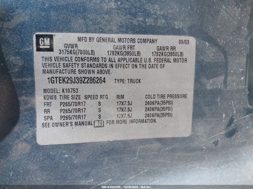 2009 GMC Sierra 1500 Sle VIN: 1GTEK29J39Z286264 Lot: 43384290