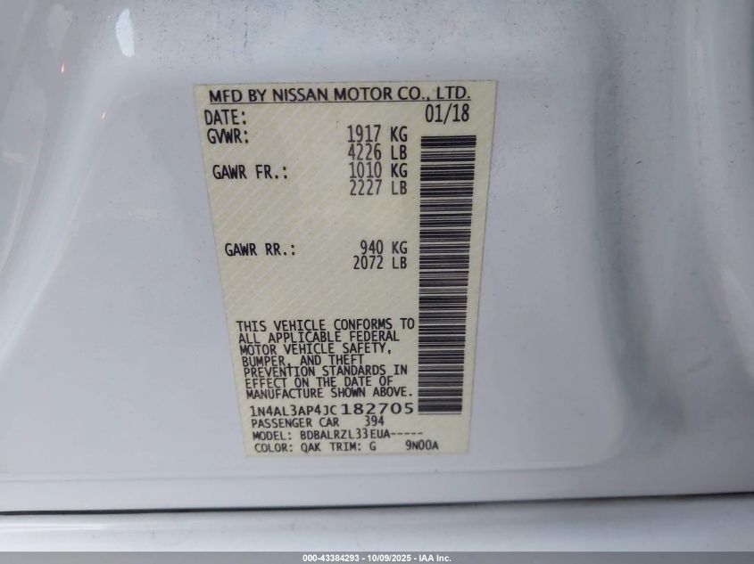 2018 Nissan Altima 2.5 Sl VIN: 1N4AL3AP4JC182705 Lot: 43384293
