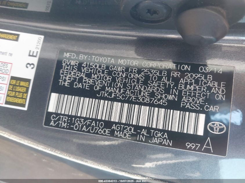 2014 Scion Tc VIN: JTKJF5C77E3087645 Lot: 43384313